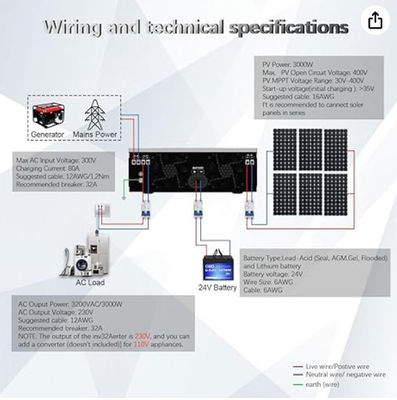 FT3000 Inverter híbrido solar 3200WConstruído em 80A MPPT Controlador de carga solar com branco