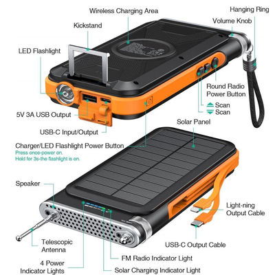 Banco de energia de carregador solar portátil sem fio com rádio FM 20000mAh